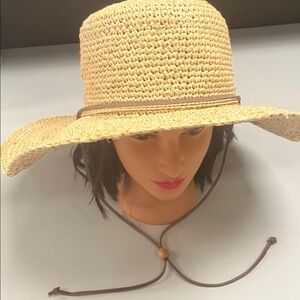 Scala Natural wide brim Straw Hat Brown leather chin strap & Band